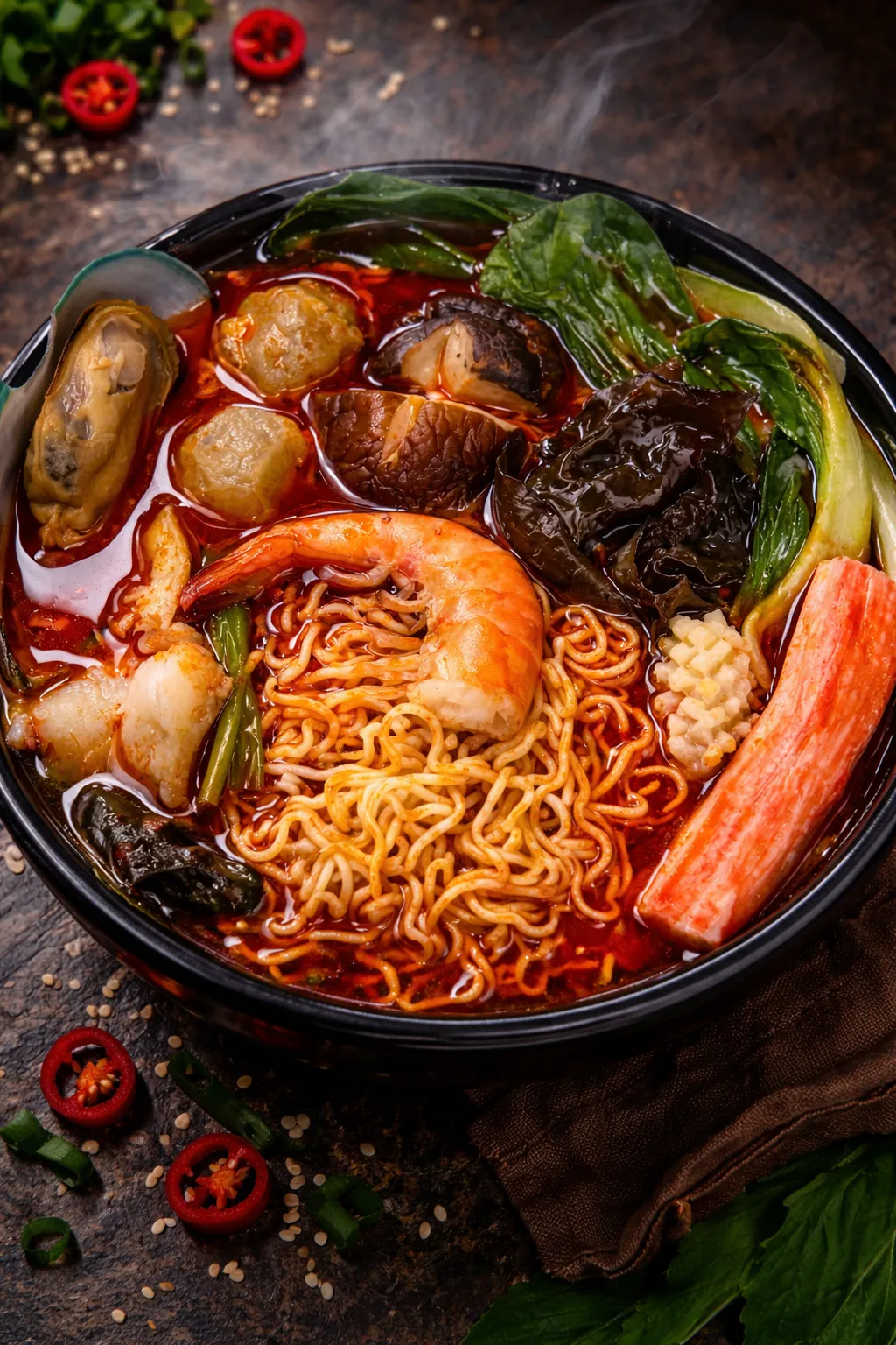 Rich spicy seafood noodle soup loaded with fresh ingredients at FirePot Korean BBQ & Hot Pot, an Asian Restaurant in Grand Forks